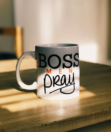 Boss Men Pray White glossy mug
