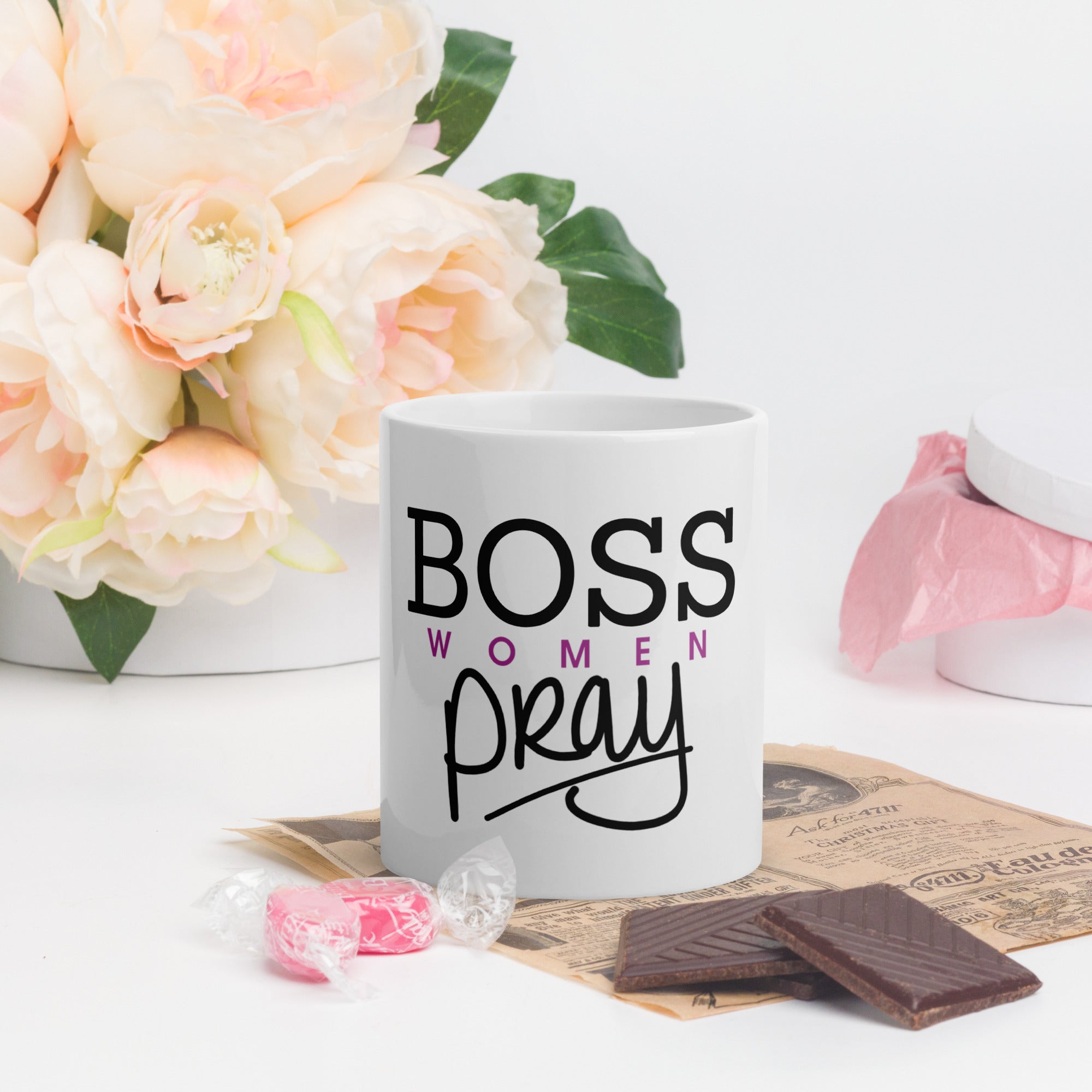 Boss Women Pray White glossy mug